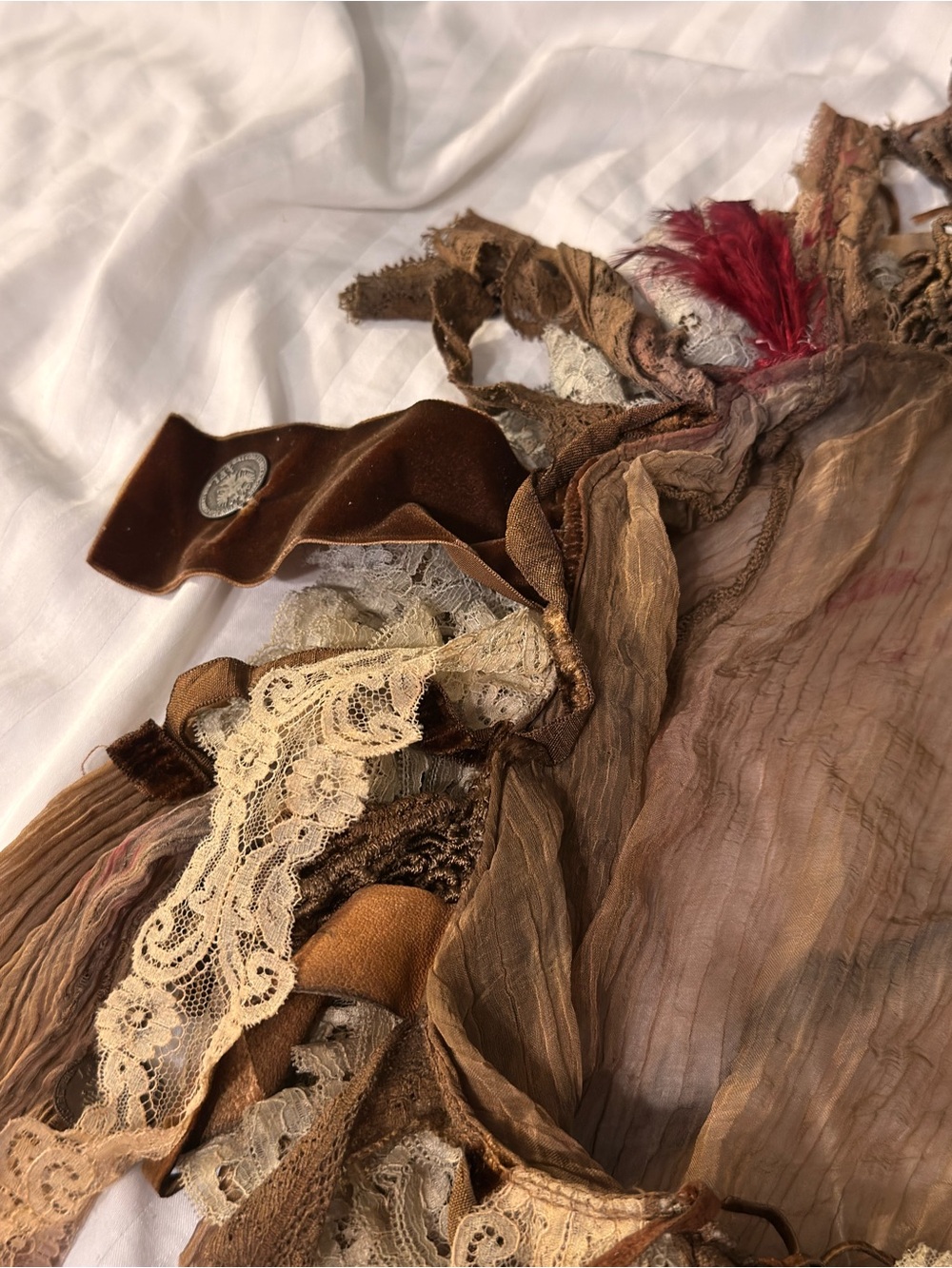 Insane Brown Scoop Neck Top with Lace Sleeves and Ruffles and Feather Accents - Picture 4 of 13